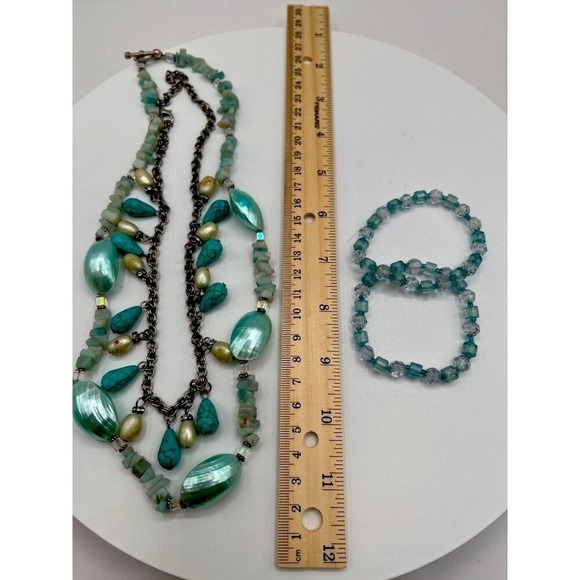 Layered Seafoam Silver Necklace with Matching Bracelets Boho Turquoise Pearl N84 - Picture 5 of 6